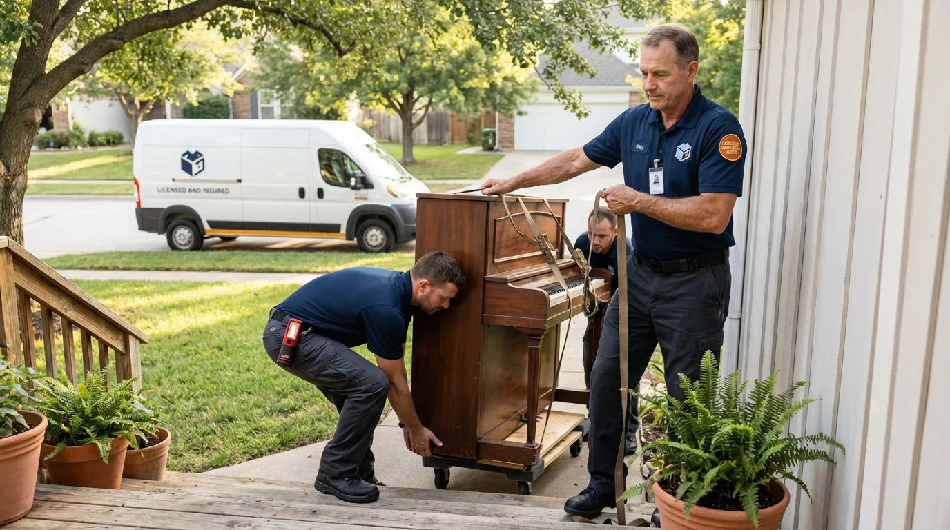 Licensed piano movers securing grand piano in Rosedale, MD